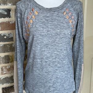 THML Gray Velour Ribbon Laced and Patched Long Sleeve Sweater Size Small